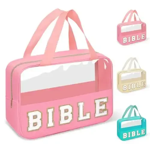Chenille Letter Bible Bag Cover Case for Women,Preppy Bible Study Supplies Church Bag Purse Bible Accessories with Handle Zipper,Waterpoof Travel Makeup Bag Christmas Christian Gifts(BIBLE-Pink) - 1