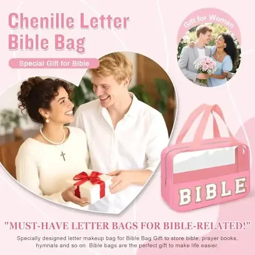Chenille Letter Bible Bag Cover Case for Women,Preppy Bible Study Supplies Church Bag Purse Bible Accessories with Handle Zipper,Waterpoof Travel Makeup Bag Christmas Christian Gifts(BIBLE-Pink) - 4