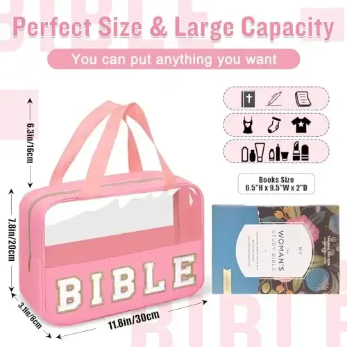 Chenille Letter Bible Bag Cover Case for Women,Preppy Bible Study Supplies Church Bag Purse Bible Accessories with Handle Zipper,Waterpoof Travel Makeup Bag Christmas Christian Gifts(BIBLE-Pink) - CHENILLE (1)