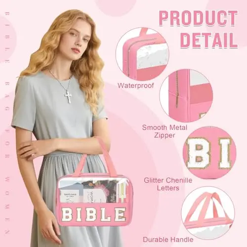 Chenille Letter Bible Bag Cover Case for Women,Preppy Bible Study Supplies Church Bag Purse Bible Accessories with Handle Zipper,Waterpoof Travel Makeup Bag Christmas Christian Gifts(BIBLE-Pink) - 3