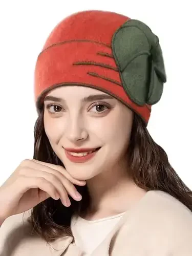 Sumolux Beanie Hats for Women Wool Skull Cap Beret Floral Cuffed French Vintage Dress Cloche Classic Winter 1920s 