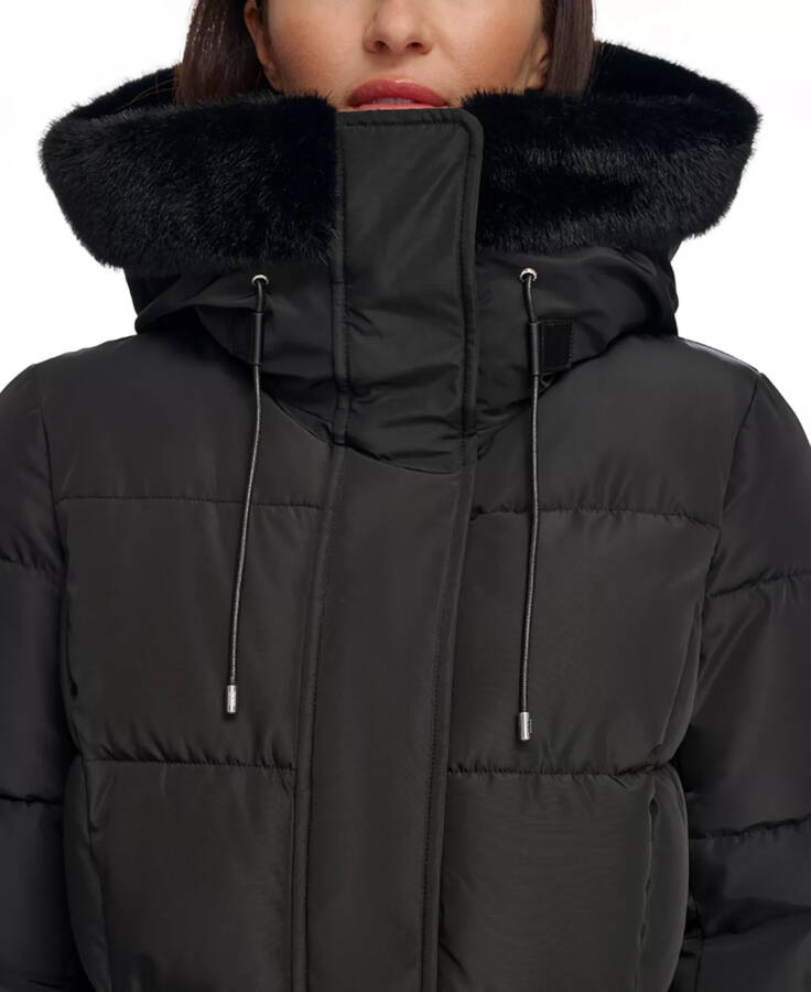 Kadınlar İçin Suni Kürk Trimli Kapüşonlu Anorak Puffer Ceket Siyah - 4