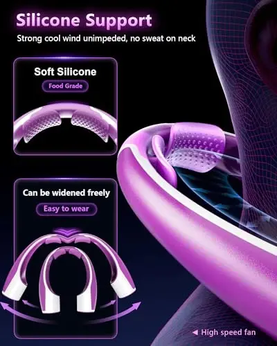 Rohent Neck Fan Portable for Women: High Speed Faster Cooling Neck Fan 4 Speeds Wind - Super Light Ultra Quiet Rechargeable Personal Fan for Fashion Women 13-35Y Girls - Purple - 3