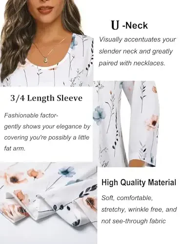 Tencole 3/4 Sleeve Shirts for Women Dressy Tunic Tops Casual Wear with Floral - 4