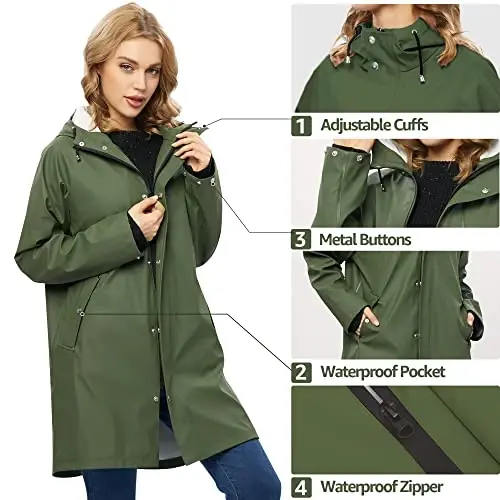 UNIQUEBELLA Rain Jackets for Women Waterproof, Raincoat Long Hooded Rain Coats Outdoor Windbreaker Trench Coat - 4