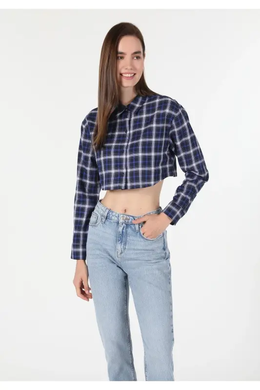 Regular Fit Shirt Neck Ekoseli Kadın Lacivert Uzun Kol Gömlek - LACİVERT - 1