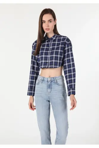 Regular Fit Shirt Neck Ekoseli Kadın Lacivert Uzun Kol Gömlek - LACİVERT - 3