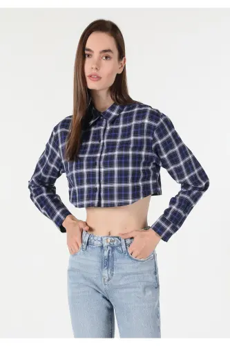 Regular Fit Shirt Neck Ekoseli Kadın Lacivert Uzun Kol Gömlek - LACİVERT - 4