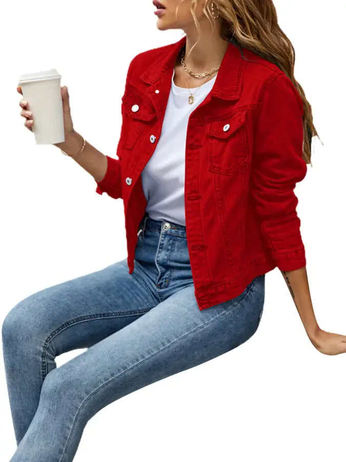 Women's Basic Button Down Stretch Fitted Long Sleeves Denim Jean Jacket- - 7