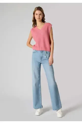 Regular Fit V Yaka Düz Kadın Pembe Kazak - 5