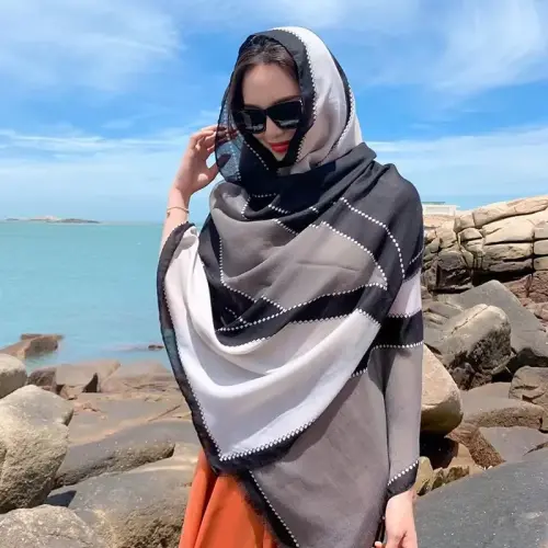 WaJuemy Travel Boho Scarf for Women Casual Lightweight PasModazoneina Scarves Fashion Multicolor Shawl Wraps with Fringed Beads - WAJUEMY (1)