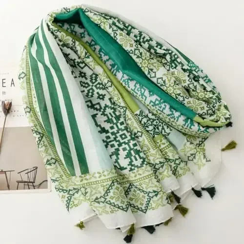 WaJuemy Travel Boho Scarf for Women Casual Lightweight PasModazoneina Scarves Fashion Multicolor Shawl Wraps with Fringed Beads - WAJUEMY (1)