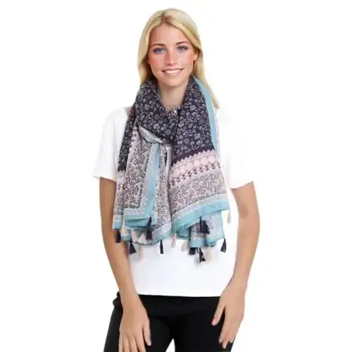 Yeieeo Boho Scarf for Women Lightweight Floral Printed Scarf Fall Winter Fashion Fringed Shawl - YEIEEO (1)