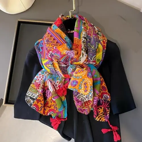 Kadınlar için Yeieeo Boho Eşarp Hafif Çiçek Baskılı Eşarp Sonbahar Kış Modası Saçaklı Şal - 6