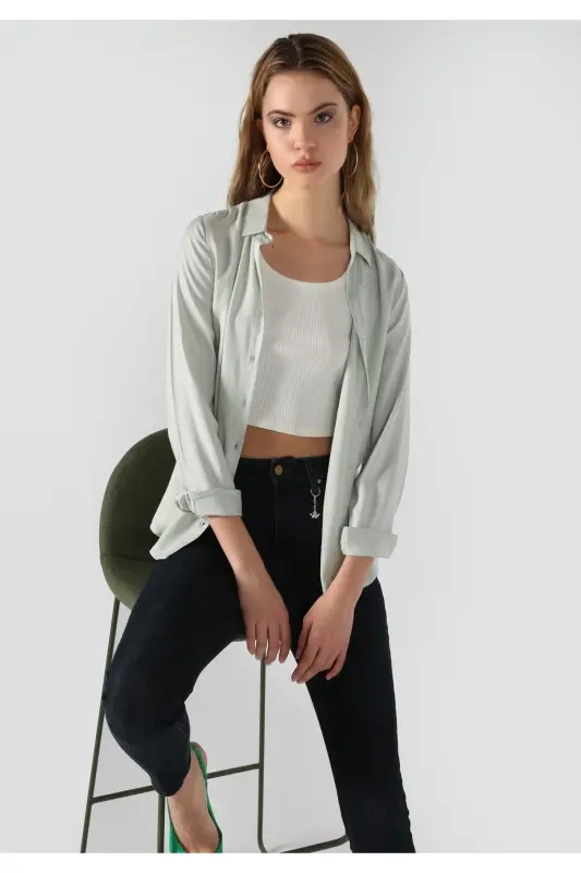Regular Fit Shirt Neck Düz Kadın Yeşil Uzun Kol Gömlek - LIGHT MINT GREEN - 3