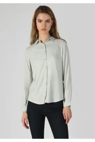 Regular Fit Shirt Neck Düz Kadın Yeşil Uzun Kol Gömlek - LIGHT MINT GREEN - 4