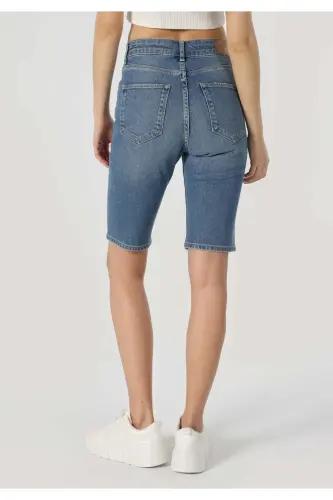 Slim Straight Fit Yüksel Bel Kadın Mavi Jean Şort - 2