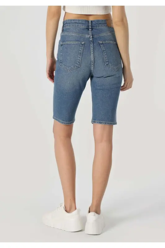 Slim Straight Fit Yüksel Bel Kadın Mavi Jean Şort - 2