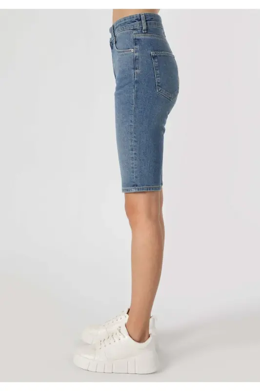 Slim Straight Fit Yüksel Bel Kadın Mavi Jean Şort - 5