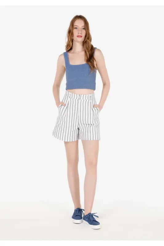Regular Fit Yüksek Bel Cepli Kadın Beyaz Şort - BEYAZ - 1