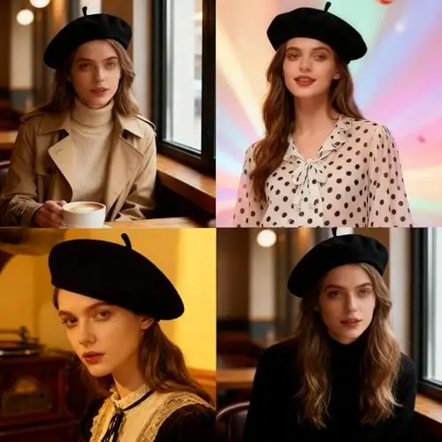 Womens Wool French Beret Chic Solid Beanie Hat Stretchable Classic Beret - 4