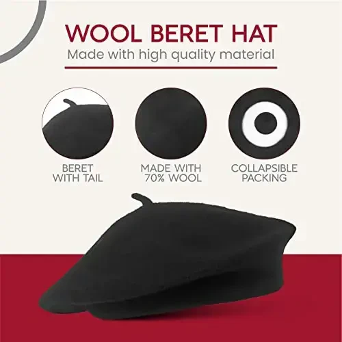 French Wool Beret Hat - Classic Stretchable - One Size Fits Most - Solid Color - Stylish Chic Parisian - 5