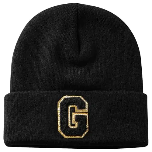 Lightbird Initial.s Beanie for Women and Teen Girls, Winter Black Beanie Hat, Personalized Gifts for Women - 1