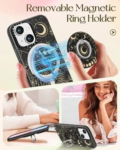 Kadınlar ve Kızlar İçin Lotadilo iPhone 15 Kılıfı - Magsafe Uyumlu Kawaii Tasarım Manyetik Halka Tutucu Stant Ay Güneş Yıldız Telefon Kılıfları Estetik Kızsı TPU Kılıf 15 İçin - 4