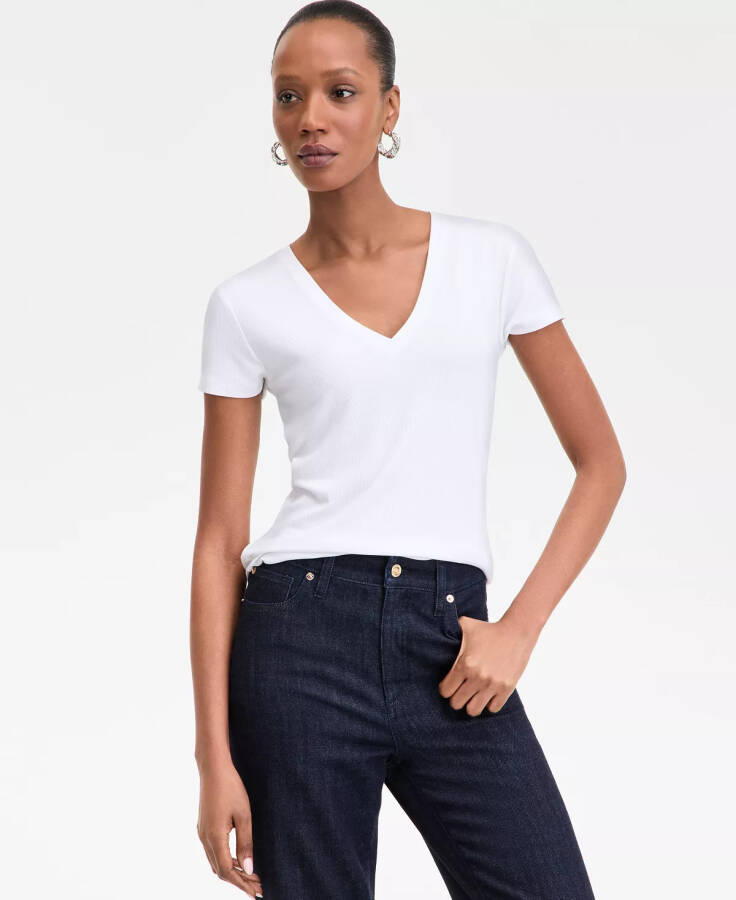 Women's Drapy Ribbed V-Neck Top, Exclusively at Modazone - Bright White - 1