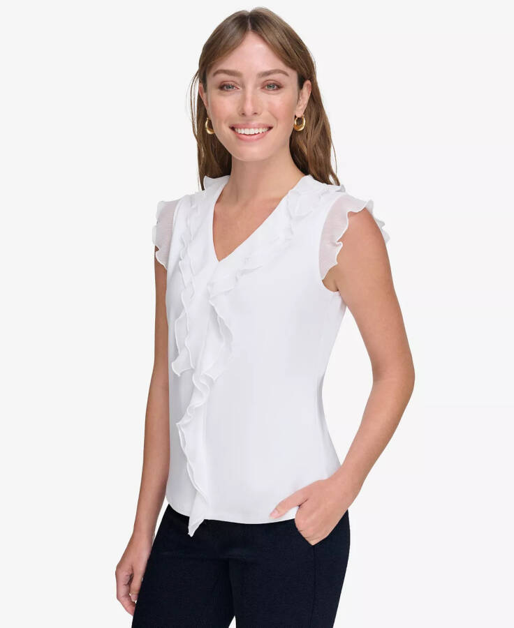 Women's Ruffled Mixed-Media Top-Ivory - 3