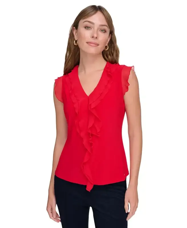 Women's Ruffled Mixed-Media Top - Scarlet - 1