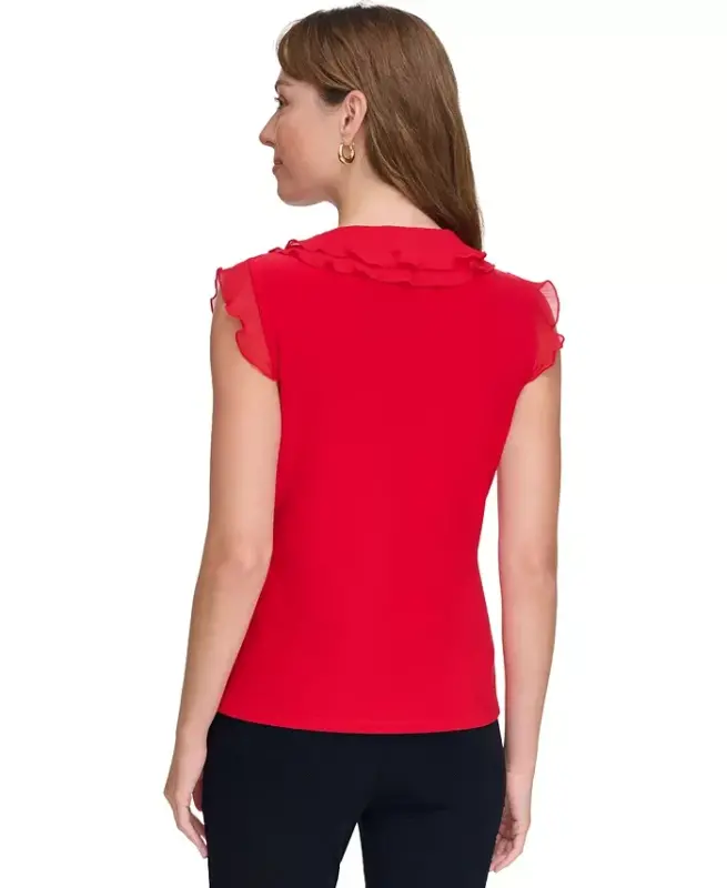Women's Ruffled Mixed-Media Top - Scarlet - 2