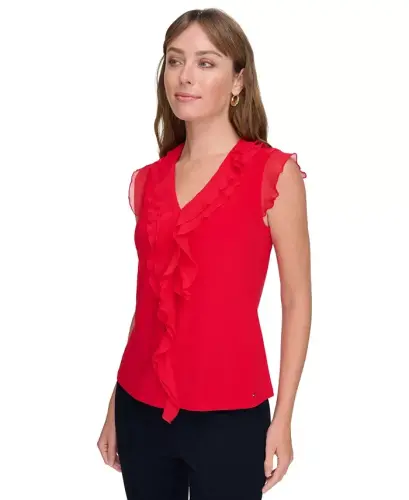 Women's Ruffled Mixed-Media Top - Scarlet - 3