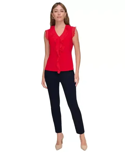 Women's Ruffled Mixed-Media Top - Scarlet - 4