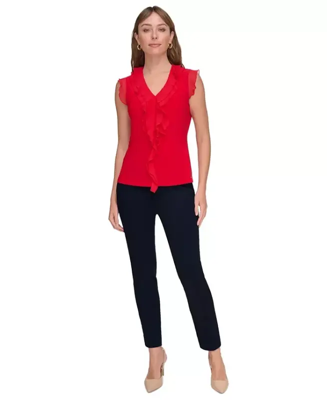 Women's Ruffled Mixed-Media Top - Scarlet - 4