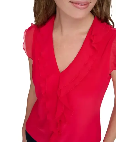 Women's Ruffled Mixed-Media Top - Scarlet - 5