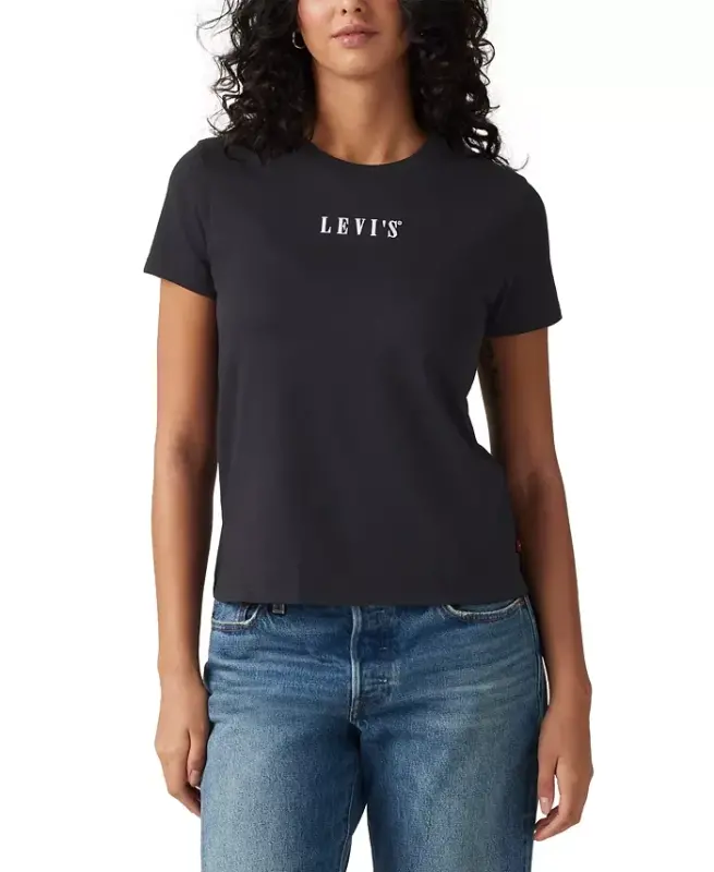 Women's Perfect Graphic Logo Cotton T-Shirt - Serif Emb Caviar - 1