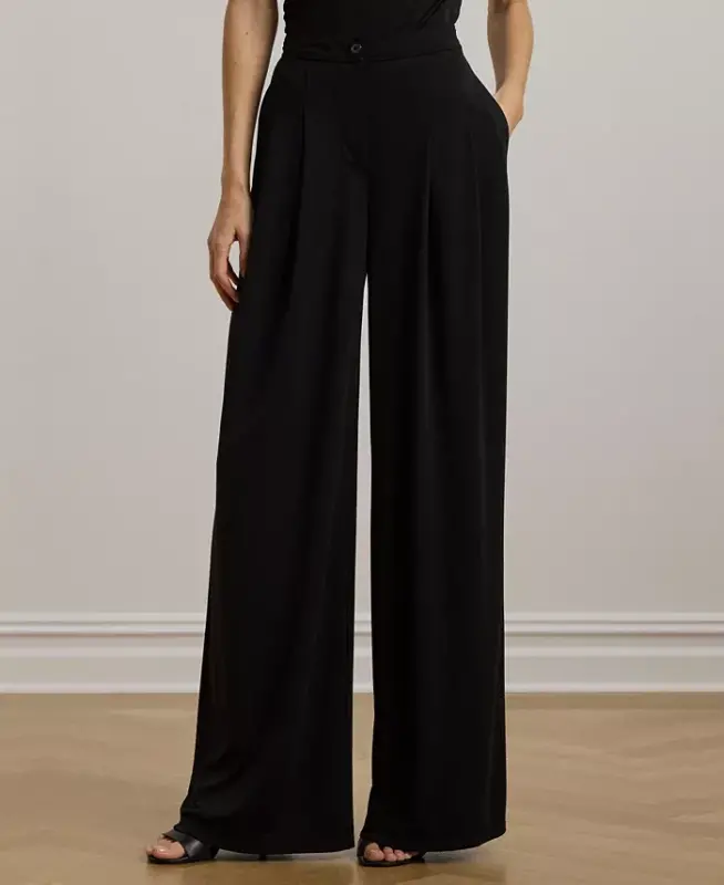 Women's Pleated Stretch Jersey Wide-Leg Pants, Regular & Petite - Black - 2