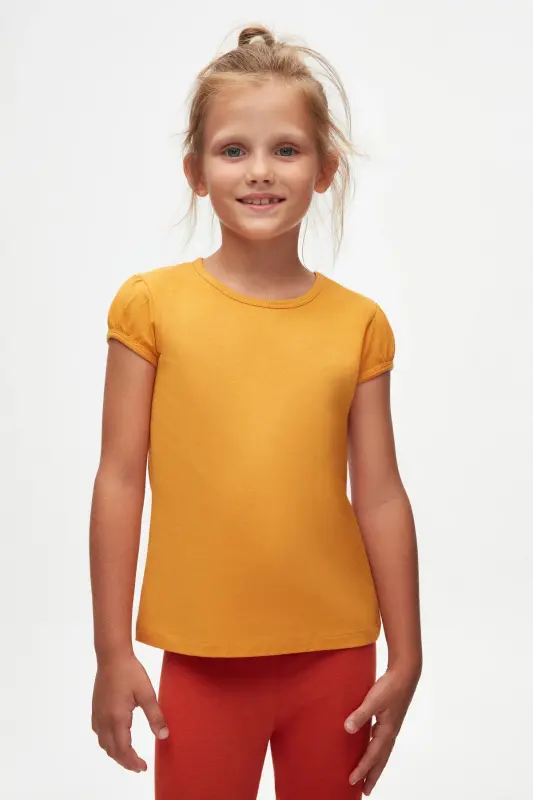 Kadmium Sarı Basic Kız Çocuk Sıfır Yaka Karpuz Kol Tişört - CADMIUM YELLOW - 8