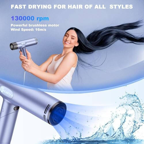 KAFIYA Hair Dryer with Diffuser, 130,000RPM High Speed Blow Dryer with Digital Display for Travel, Foldable Negative Ion Hair Dryers for Men/Women, Compact and Portable Hairdryer (Grey) - 2