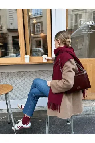 Cairo Bouclé 100% Buklet Soft Touch Premium Trend Bordo Atkı-Bordo - 3