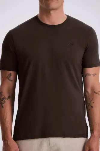 Kahve %100 Pamuk Slim Fit Bisiklet Yaka Basic T-Shirt - 3