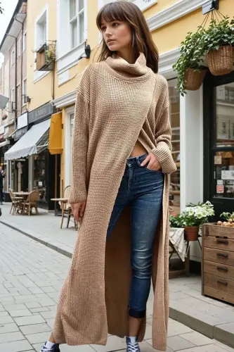 Kahve Boğazlı, Çapraz Yırtmaç Detaylı, Salaş Ve Uzun Panço Triko Elbise-Bronz - 1