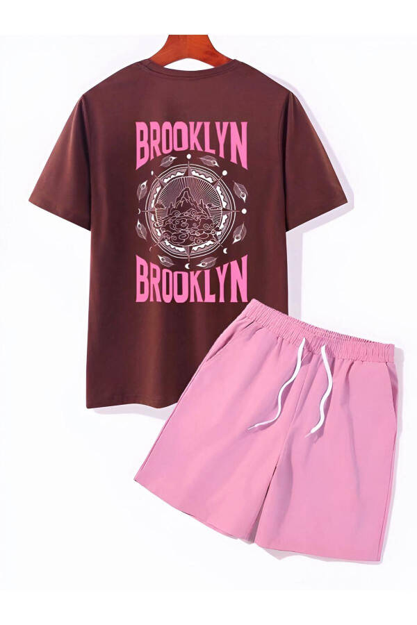 kahve brooklyn baskılı pembe şortlu alt ust takım-kahvepembe - 1