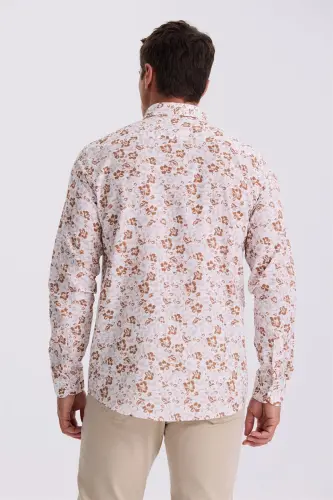 Kahve Çiçek Desenli Yaka Düğmeli Comfort Fit Gömlek - 4