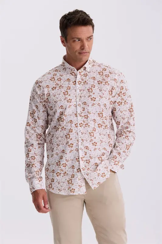 Kahve Çiçek Desenli Yaka Düğmeli Comfort Fit Gömlek - 1