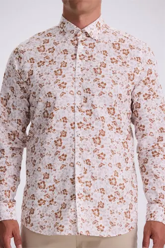 Kahve Çiçek Desenli Yaka Düğmeli Comfort Fit Gömlek - 3