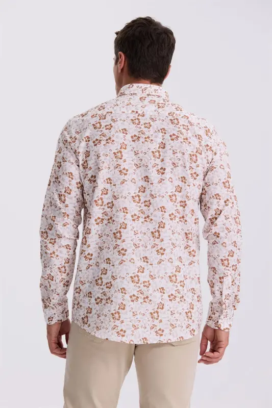 Kahve Çiçek Desenli Yaka Düğmeli Comfort Fit Gömlek - 4