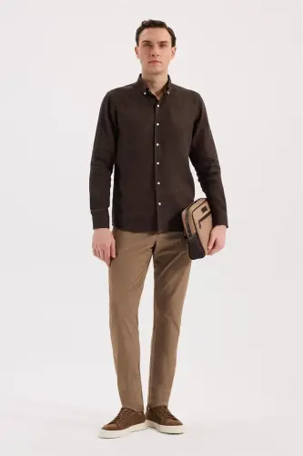 Kahve Comfort Fit %100 Keten Düğmeli Yaka Gömlek - JAKAMEN (1)