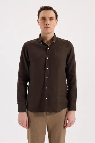 Kahve Comfort Fit %100 Keten Düğmeli Yaka Gömlek - 1